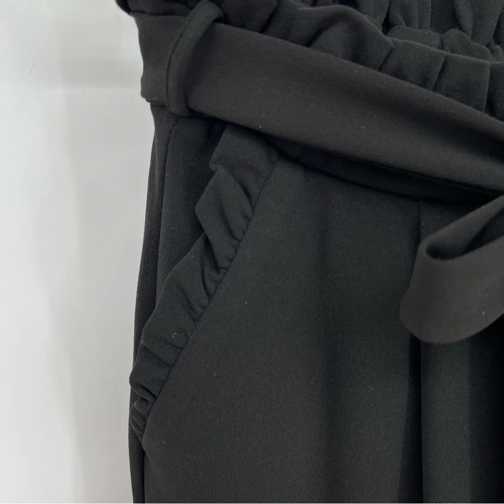 Lara Fashion Women Pants Large Black Wide Leg Paper Bag Gathered Waist Sash Belt - Picture 5 of 10